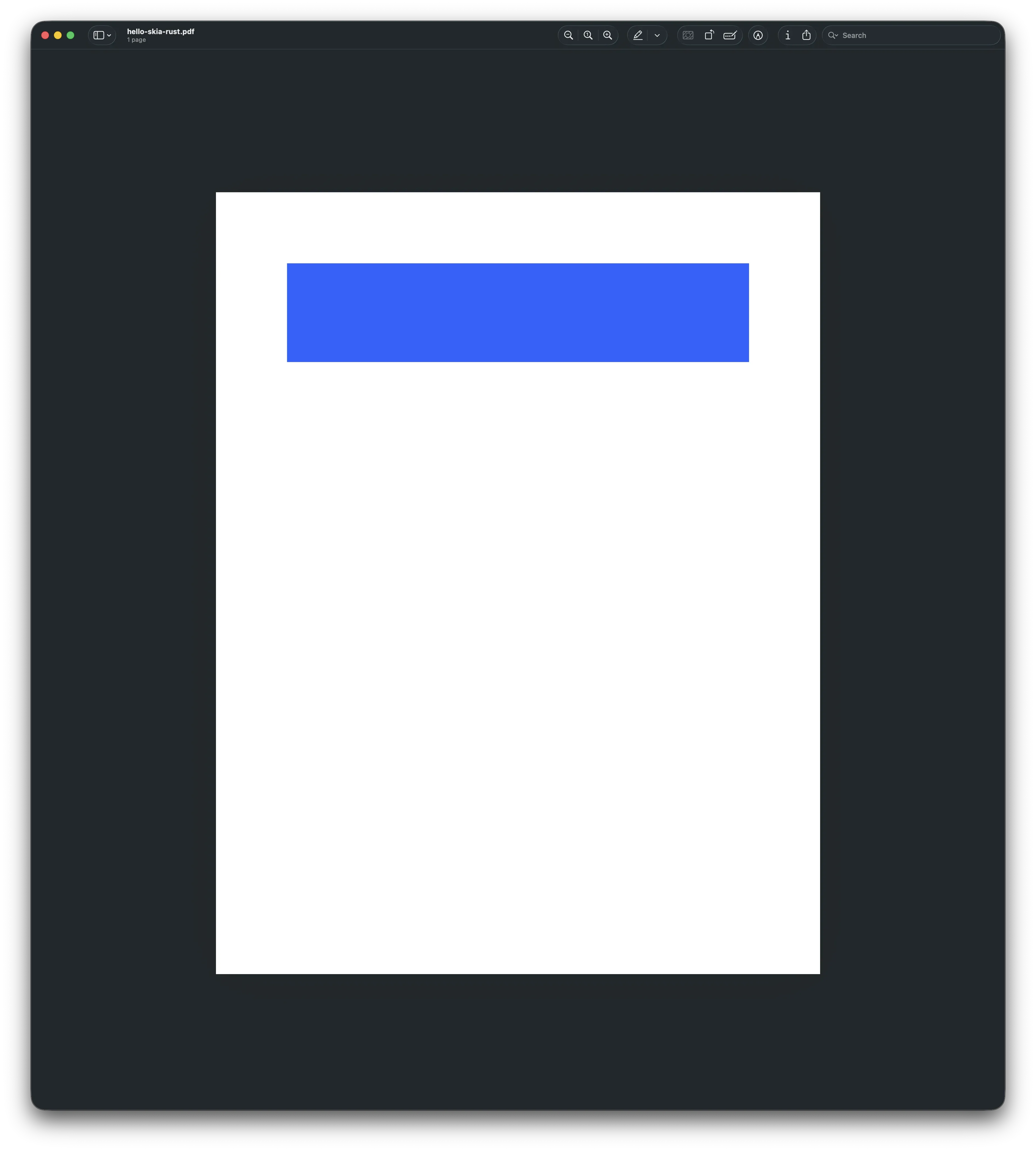 The generated PDF opened in a viewer — a blue rectangle with white text rendered as vector graphics on a US Letter page using skia-safe in Rust