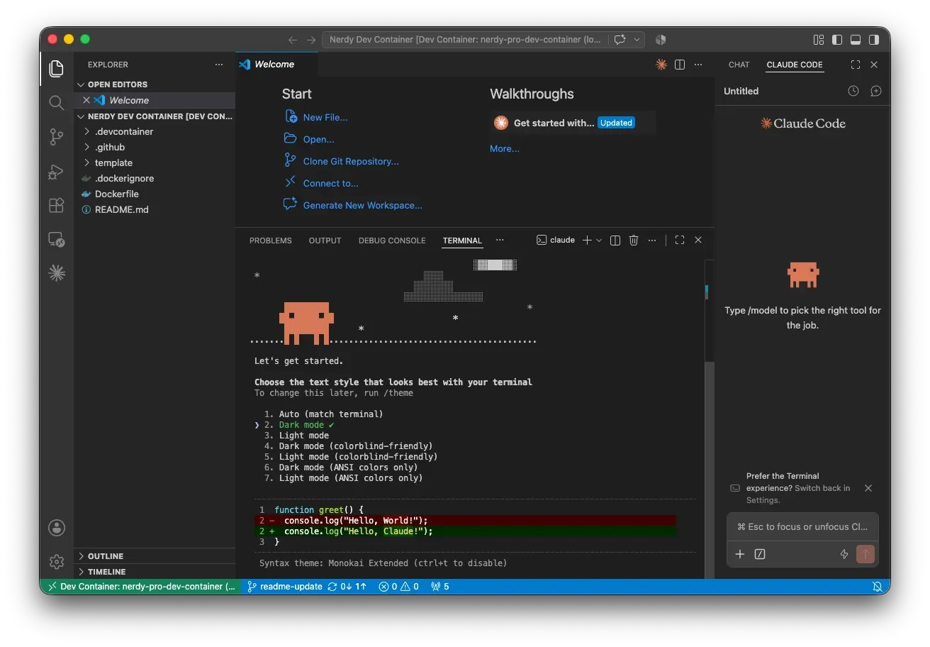 VS Code open in the Nerdy Dev Container, with Claude Code running in the integrated terminal and side panel